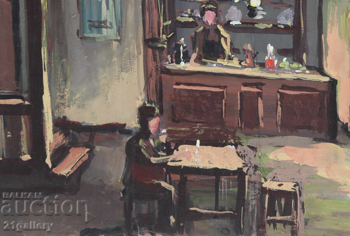 Tablou vechi, culori tempera, cârciumă țărănească - 5