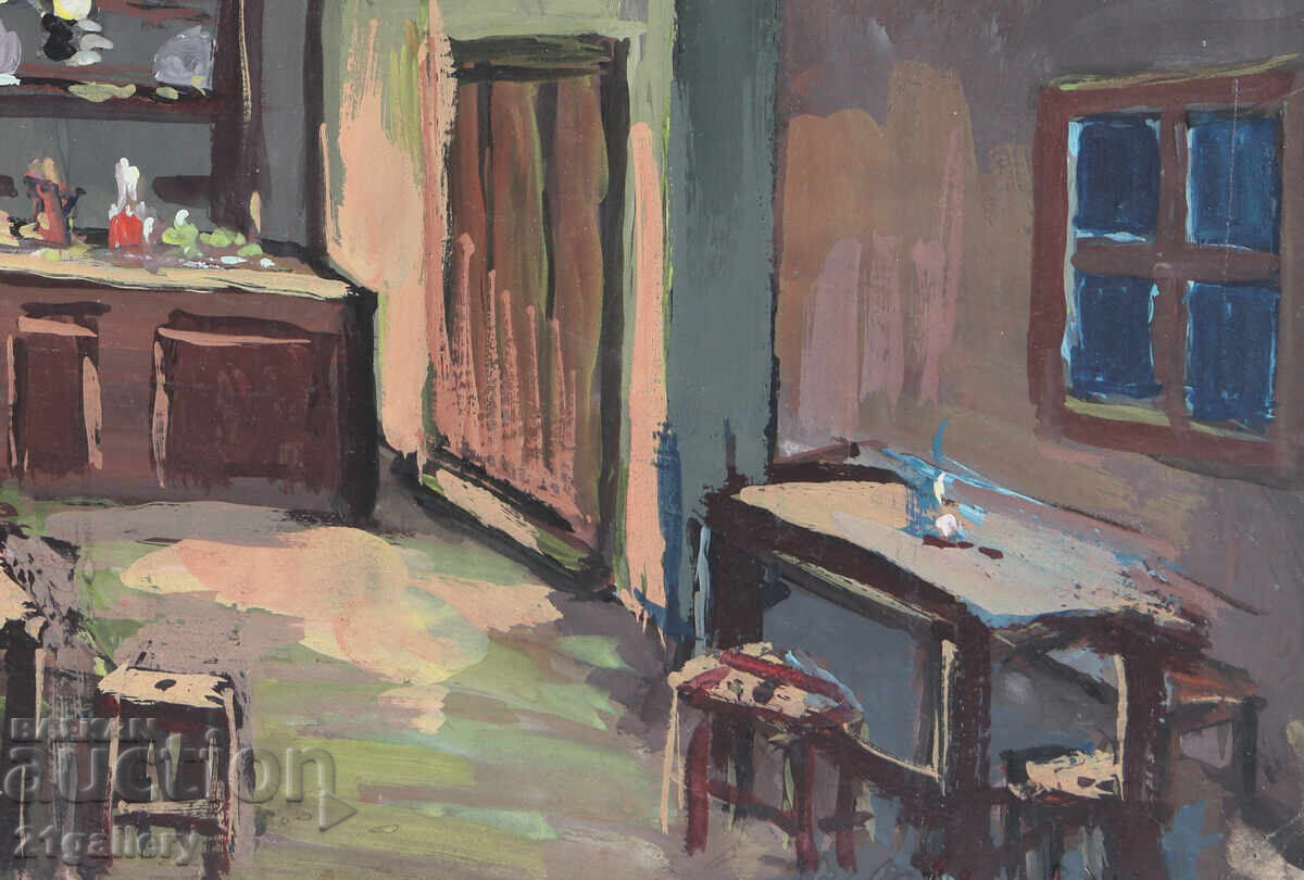 Tablou vechi, culori tempera, cârciumă țărănească - 6