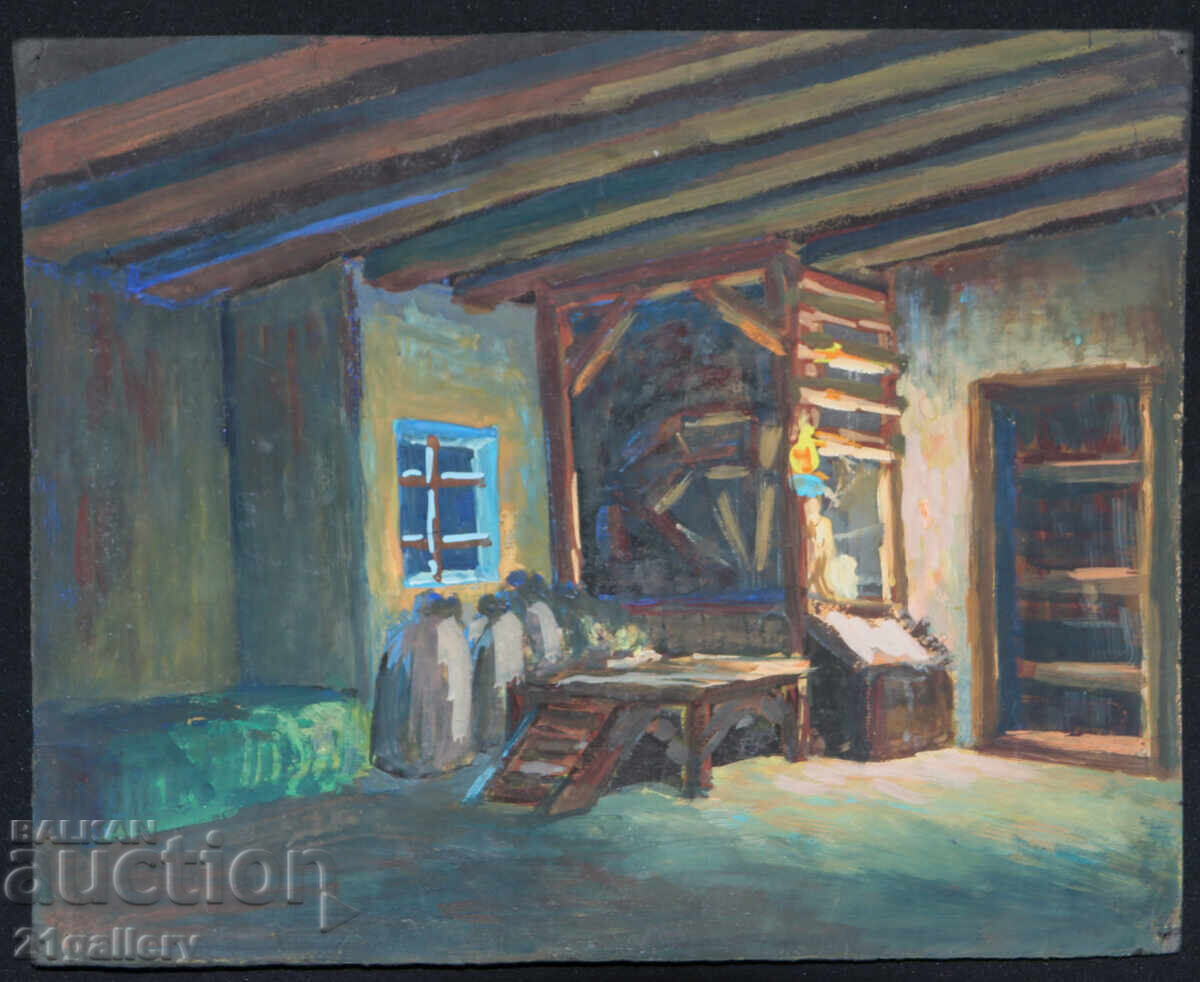 Old painting, tempera paints, Revival house interior with price 300.00 BGN | € 153.39