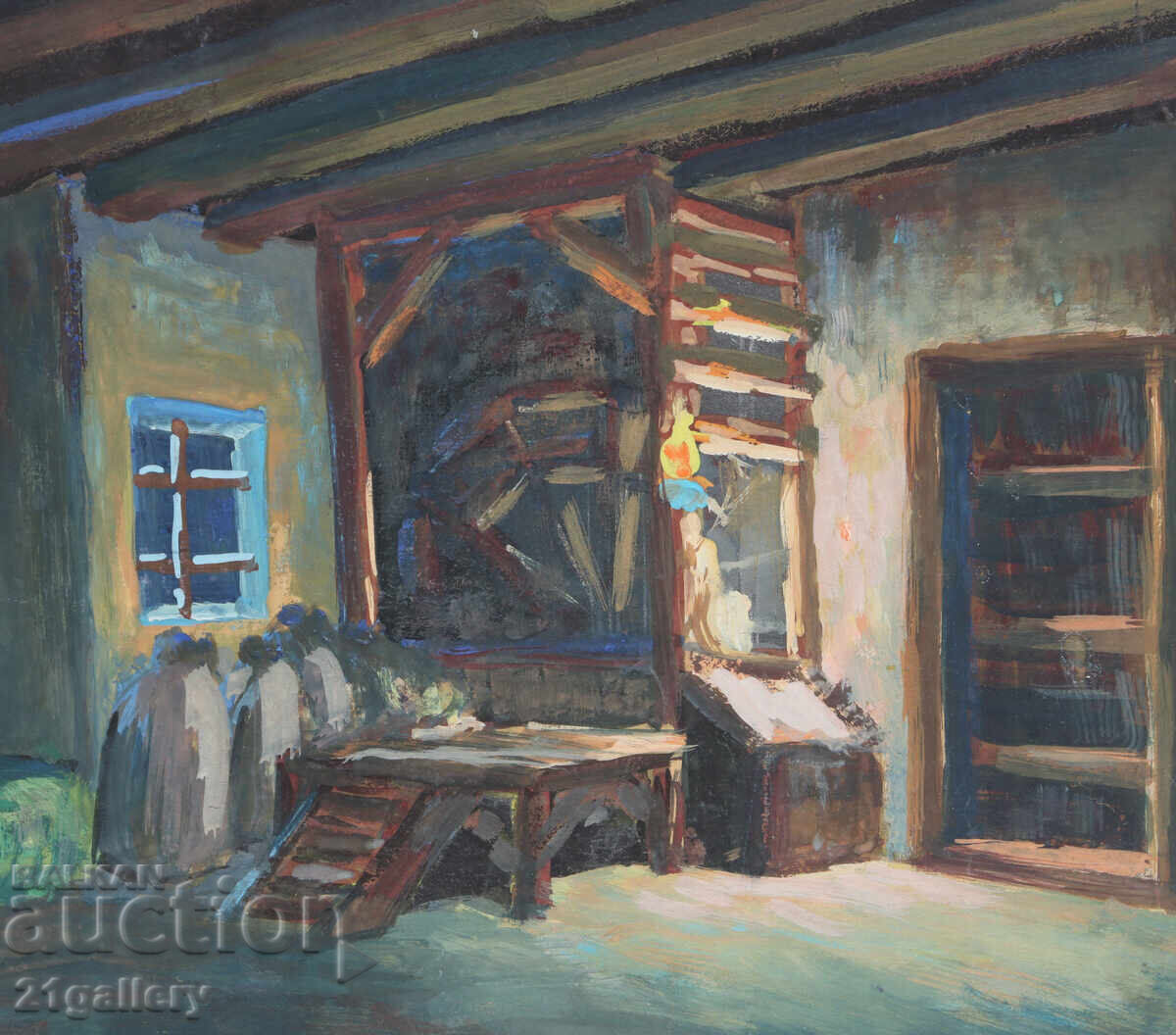 Delivery of Old painting, tempera paints, Revival house interior