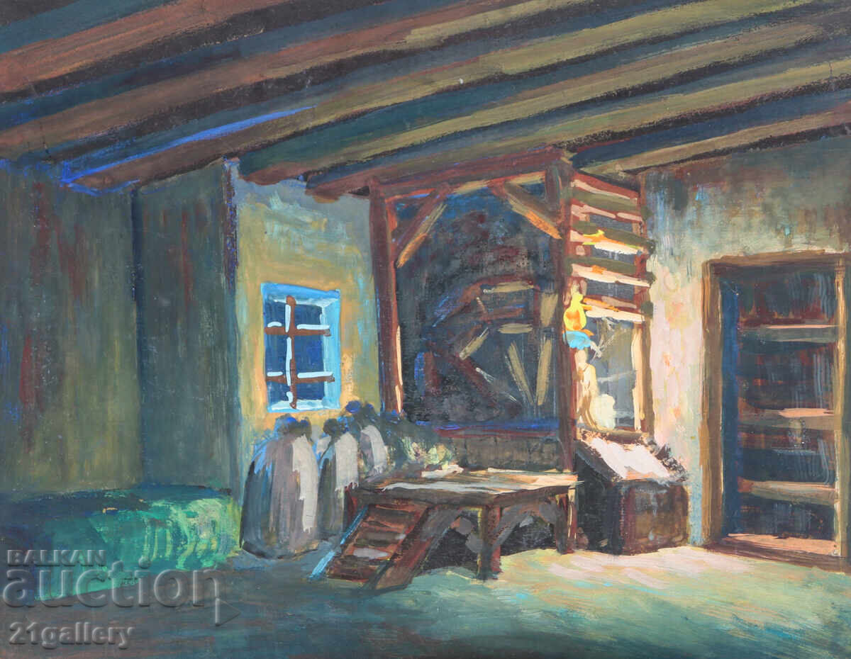 Old painting, tempera paints, Revival house interior