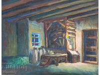 Old painting, tempera paints, Revival house interior