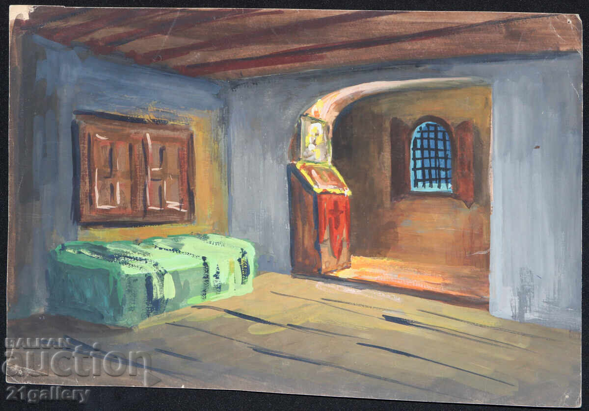 Old painting, tempera paints, Revival house interior with price 300.00 BGN | € 153.39