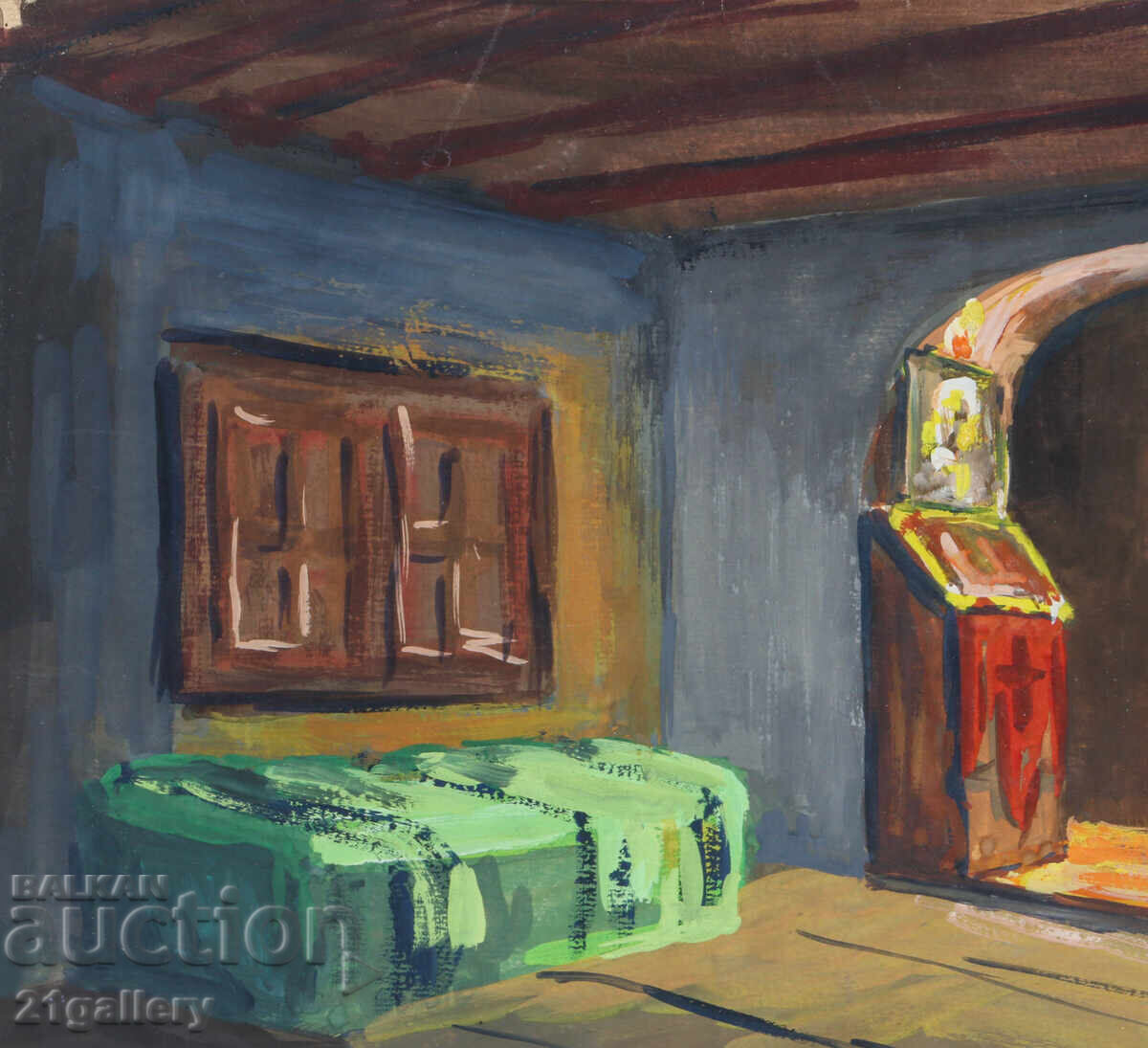 Delivery of Old painting, tempera paints, Revival house interior