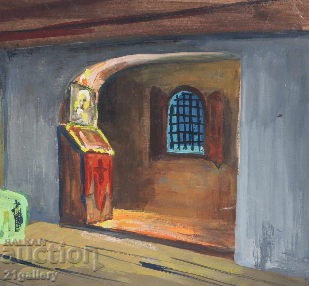 Old painting, tempera paints, Revival house interior - 5