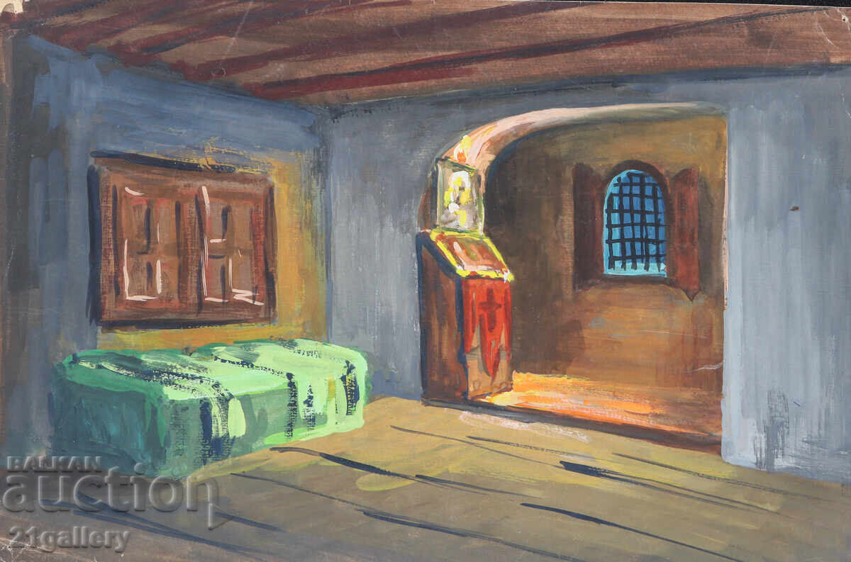 Old painting, tempera paints, Revival house interior