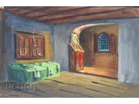 Old painting, tempera paints, Revival house interior