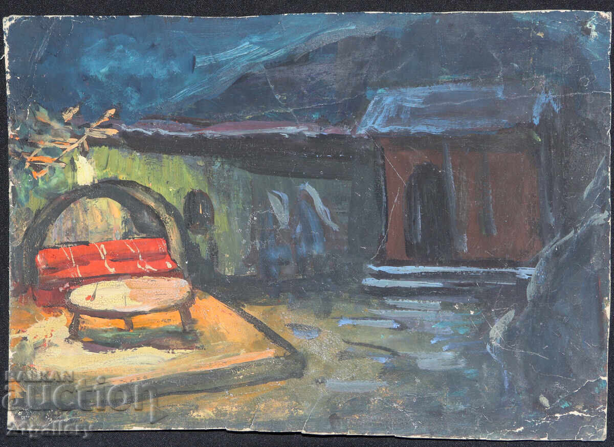 Old painting, tempera paints, Revival house, courtyard with price 250.00 BGN | € 127.82