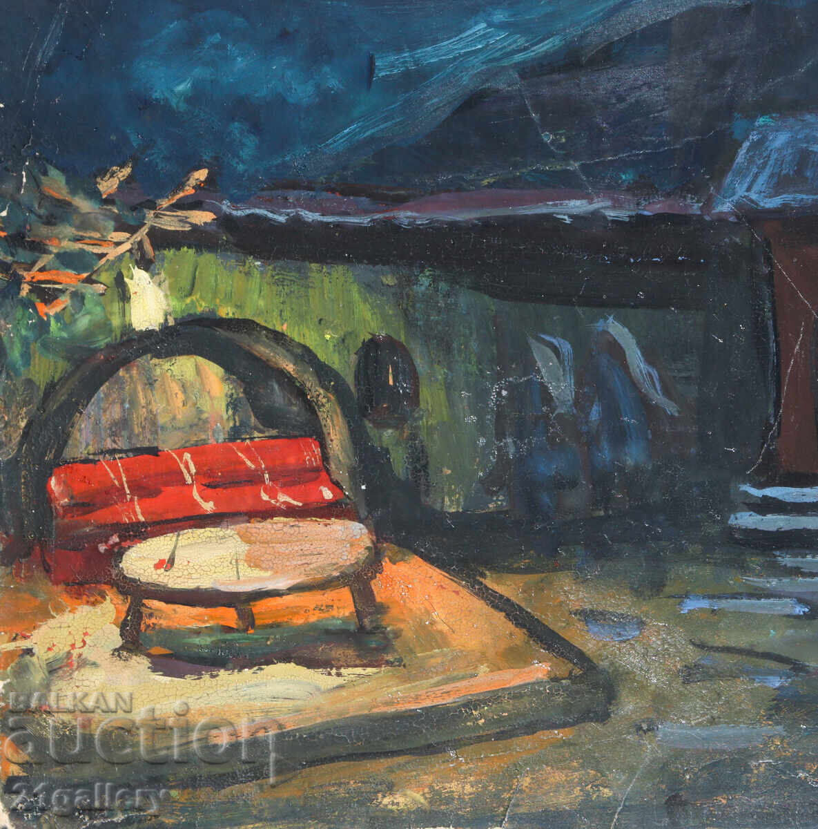 Delivery of Old painting, tempera paints, Revival house, courtyard