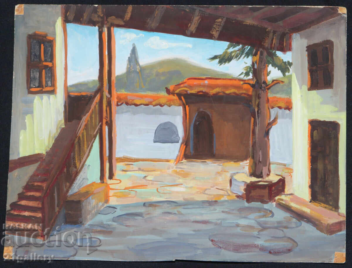 Стара картина темперни бои възрожденска къща двор с цена 280.00 лв. | € 143.16