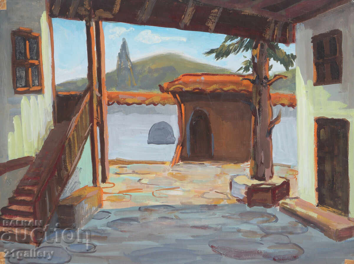 Аукцион Стара картина темперни бои възрожденска къща двор