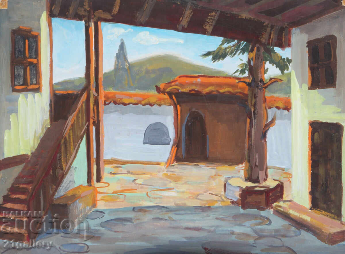 Стара картина темперни бои възрожденска къща двор