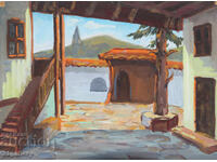 Old painting, tempera paints, Revival house, courtyard