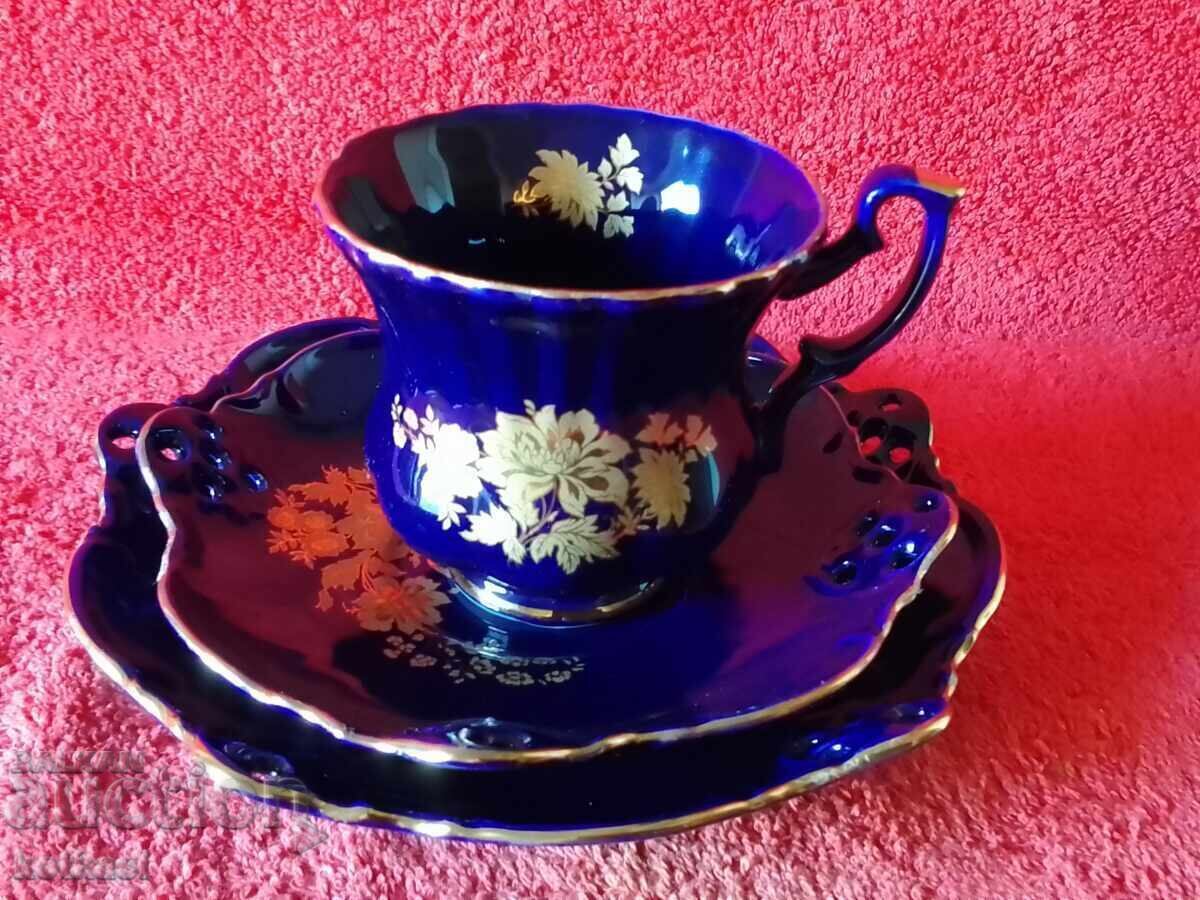 Three-piece set - cup, 2 plates, cobalt gilding with price 55.50 BGN | € 28.38