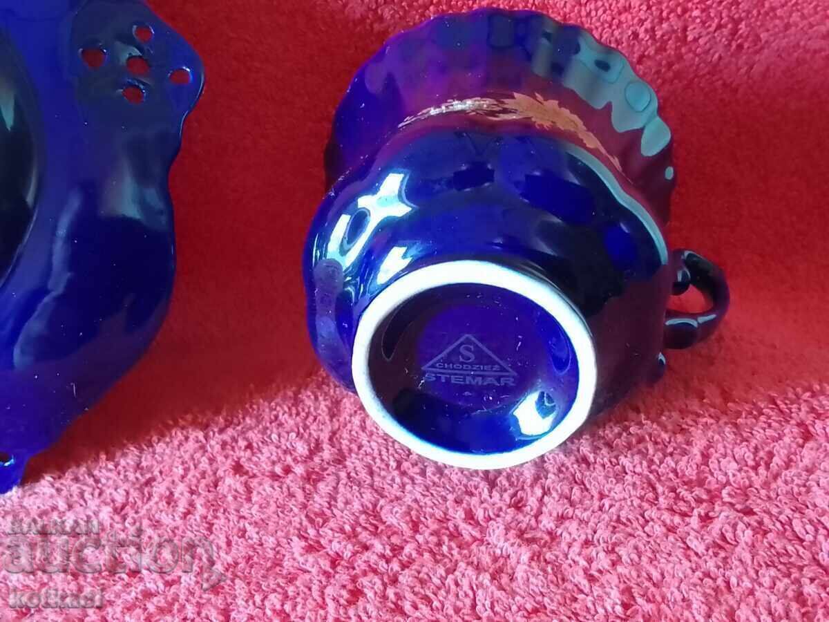 Three-piece set - cup, 2 plates, cobalt gilding - 5