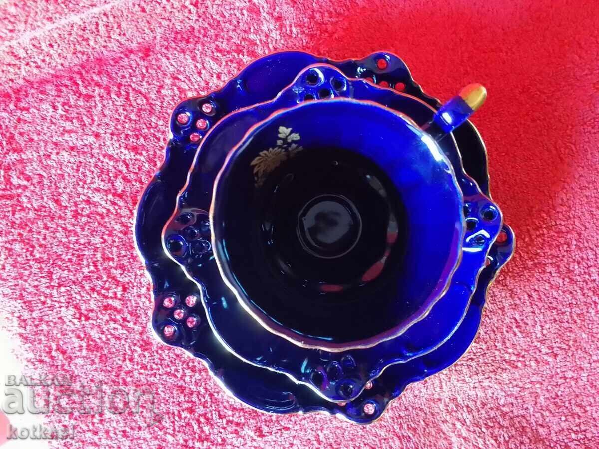 Three-piece set - cup, 2 plates, cobalt gilding - 6