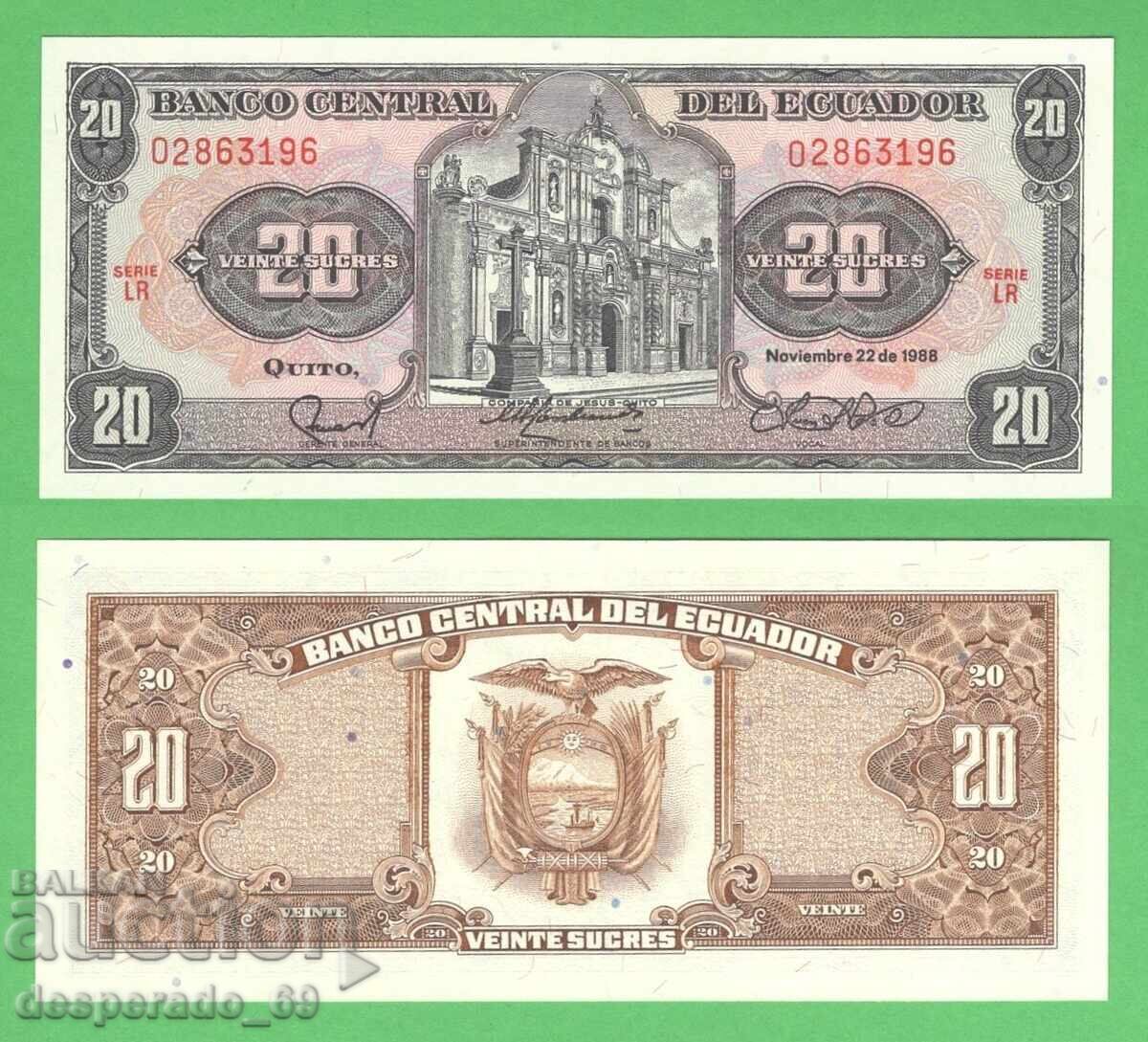 (¯`'•.¸ ECUADOR 20 sucre 1988 UNC ¸.•'´¯)