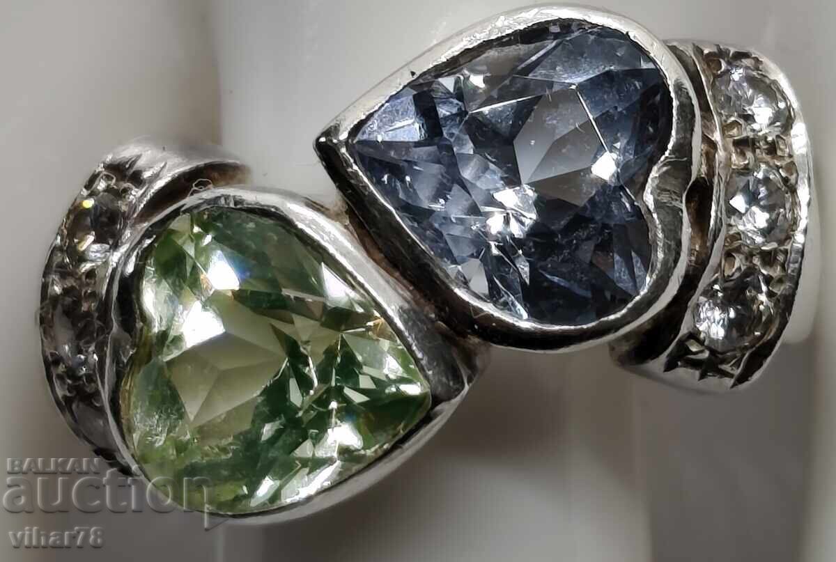 Women's silver ring with aquamarine and peridot