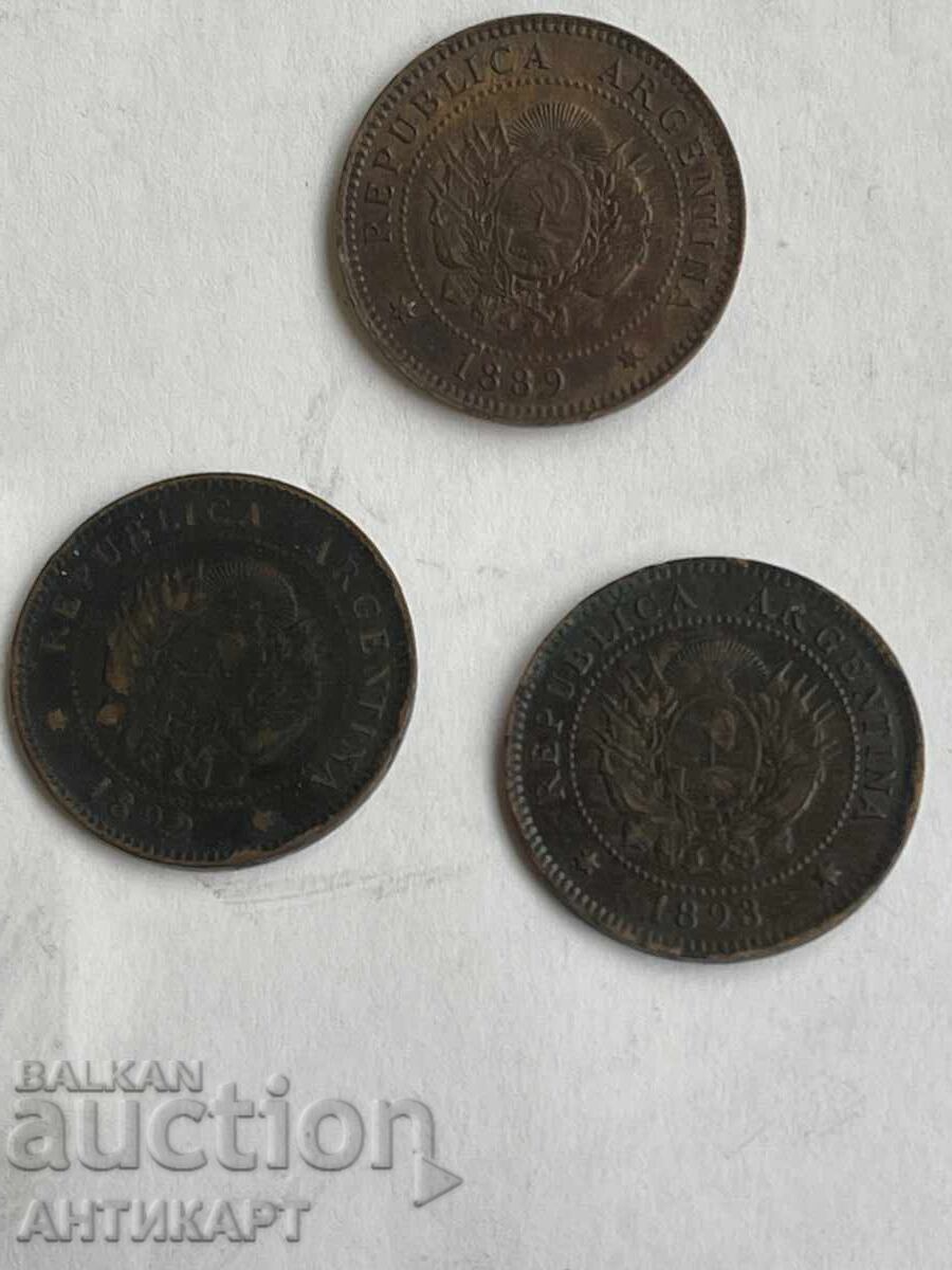 Argentina 3 coins un centavo 1889, 1892 and 1893 Argentina 3 coins un centavo 1889, 1892 and 1893
