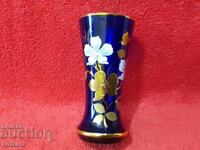Vază veche din sticlă cobalt colorată Murano pictată manual