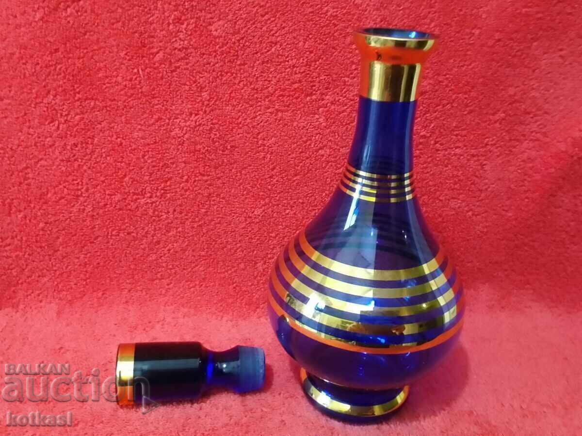 Cană veche Carafă Sticlă cobalt Boemia aurire - 5