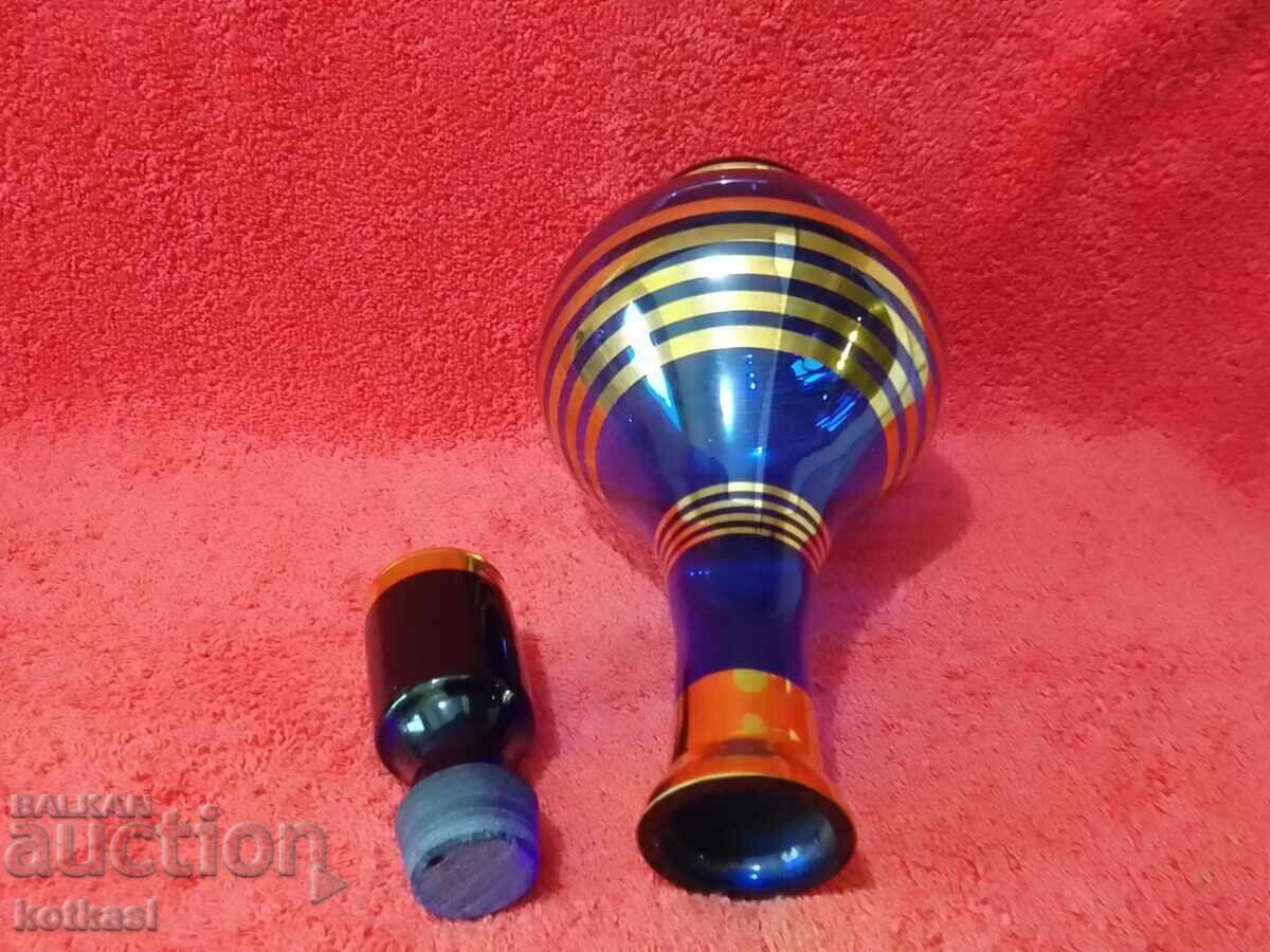 Old Carafe Cobalt Glass Bohemia Gold Plating - 6