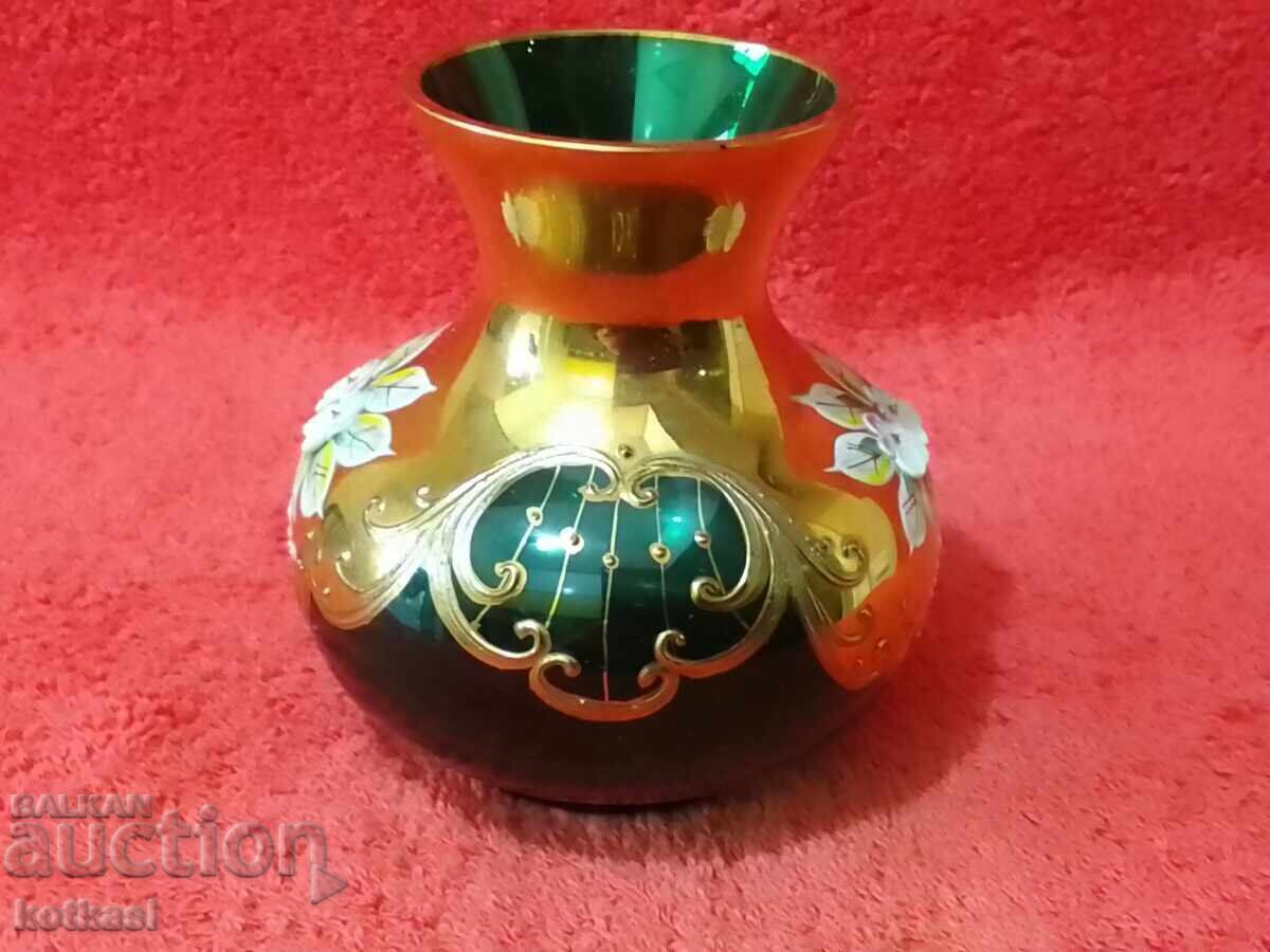 Auction  Old Vase, colored green Murano glass, hand-painted
