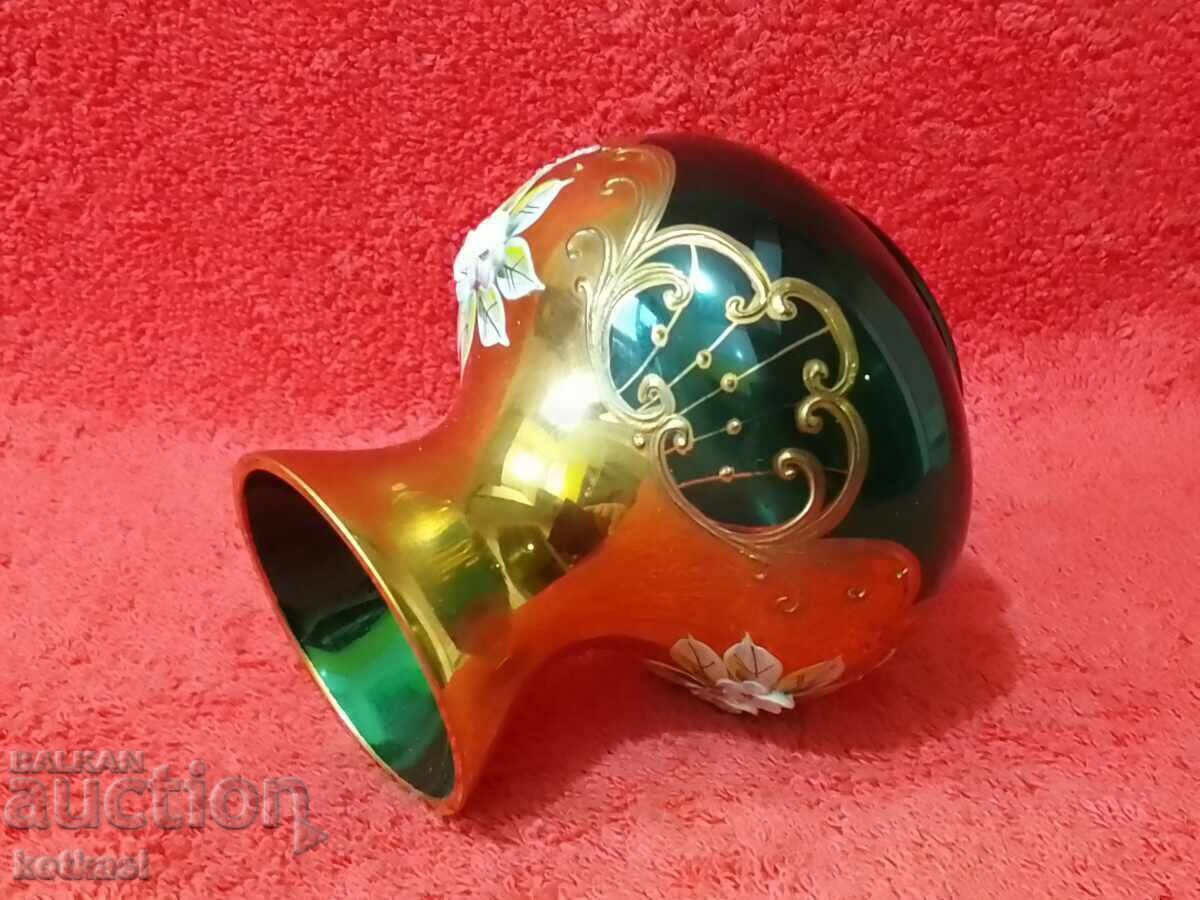 Old Vase, colored green Murano glass, hand-painted - 7
