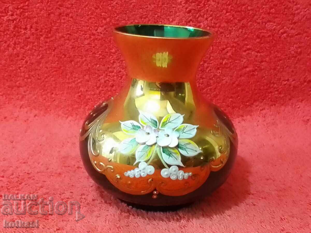 Old Vase, colored green Murano glass, hand-painted