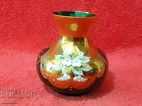 Vază veche din sticlă verde colorată Murano pictată manual