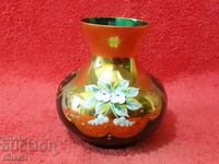 Vază veche din sticlă verde colorată Murano pictată manual