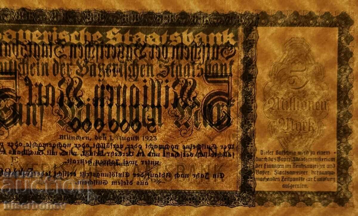 Auction Germany, Germany, Bavaria 5 Million Marks 1923, aUNC Auction Germany, Germany, Bavaria 5 Million Marks 1923, aUNC