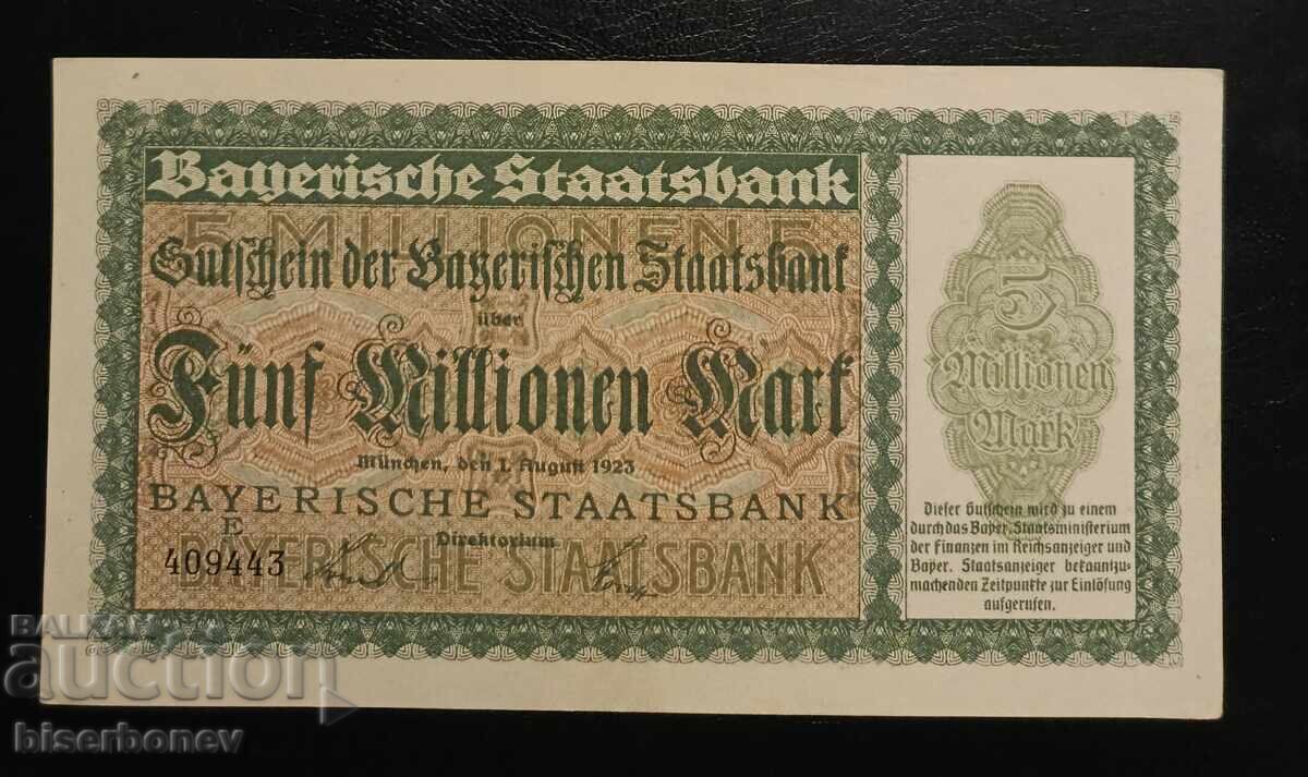Germany, Germany, Bavaria 5 Million Marks 1923, aUNC Germany, Germany, Bavaria 5 Million Marks 1923, aUNC