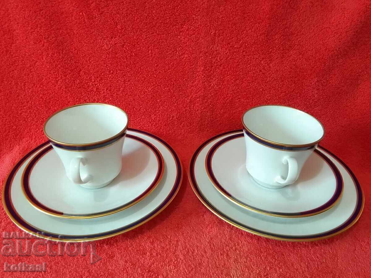Lot set triplu WEIMAR Harmonie - 2 cești, 4 farfurii GDR Cobalt - 7