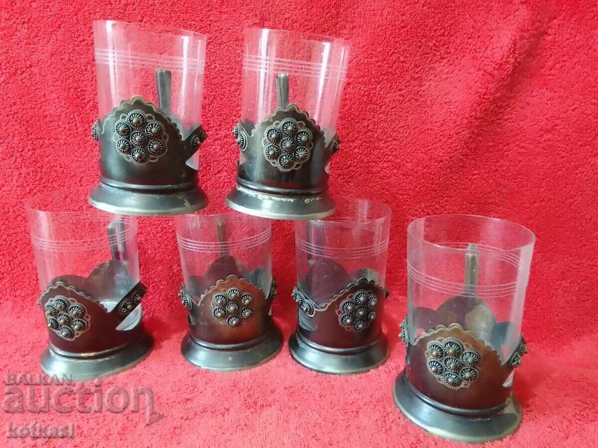 Livrarea Lot vechi set 6 buc URSS Rusia suporturi de pahare cu pahare 6 buc