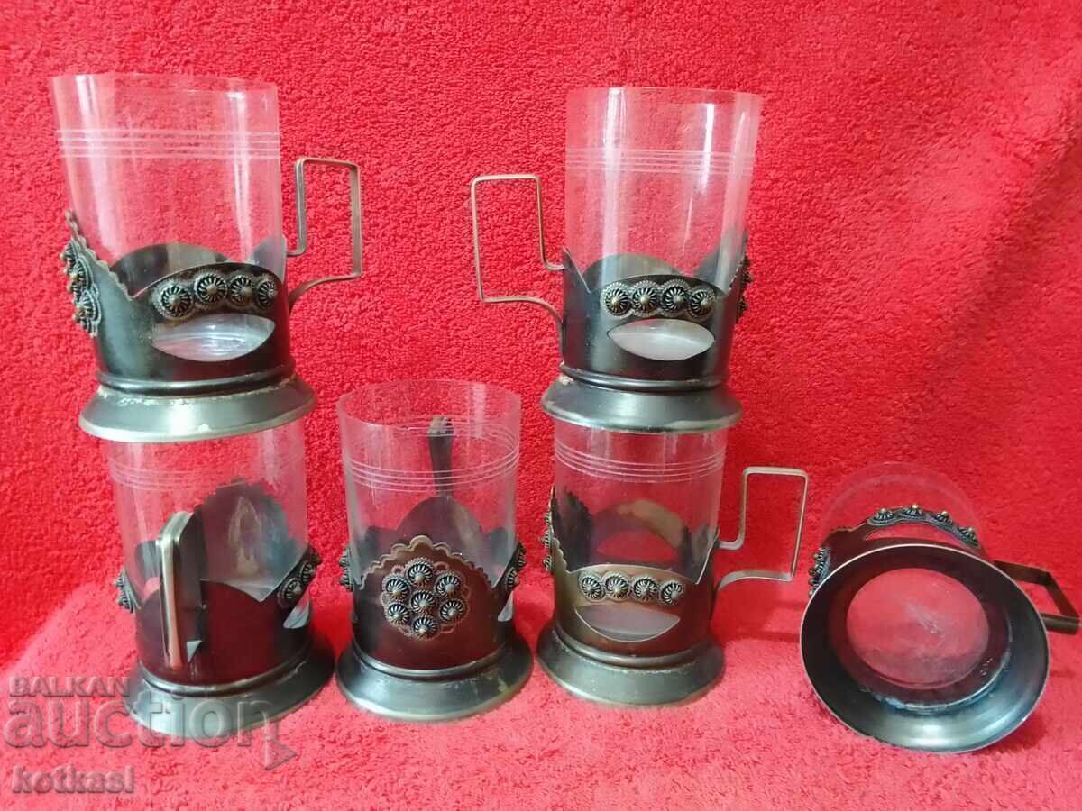 Lot vechi set 6 buc URSS Rusia suporturi de pahare cu pahare 6 buc - 7
