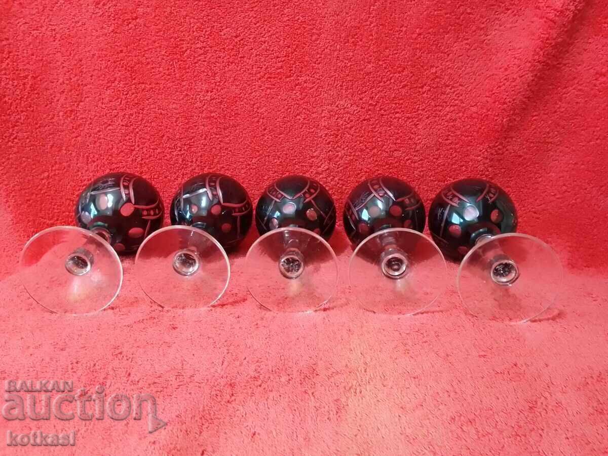 Λοτ 5 τεμαχίων Σετ πολύχρωμα Κρυστάλλινα ποτήρια χειροποίητα χαραγμένα - 5