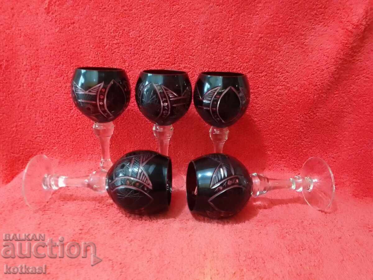 Λοτ 5 τεμαχίων Σετ πολύχρωμα Κρυστάλλινα ποτήρια χειροποίητα χαραγμένα - 6