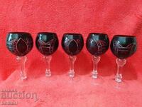 Lot Vechi de 5 bucăți Set de pahare din cristal colorate, gravate manual