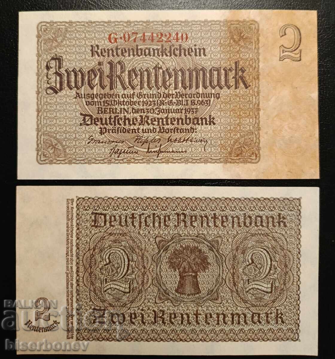 Germany, Германия, 2 рентенмарк 1937 г, UNC