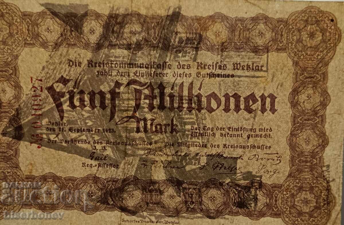 Auction  Germany, Germany 5 Million Marks Wetzlar 1923, XF+