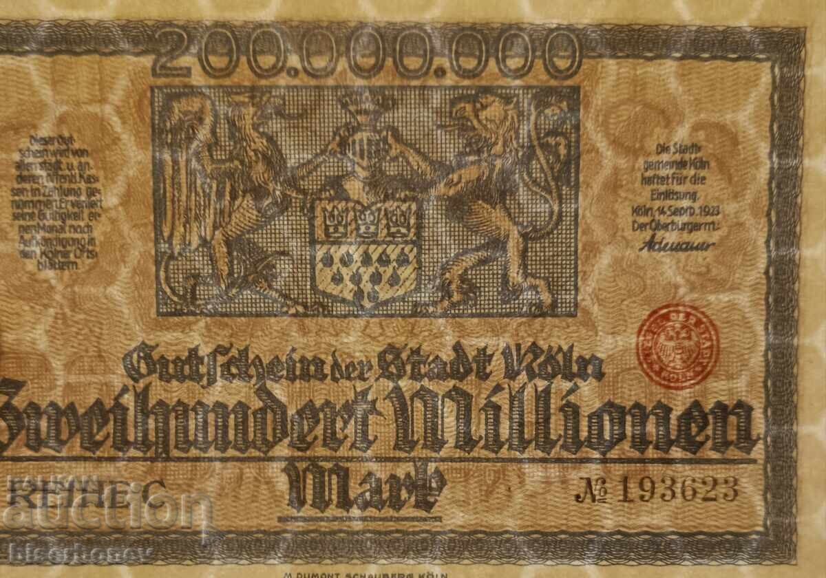 Δημοπρασία Γερμανία, Γερμανία 200 εκατομμύρια μάρκα Κολωνία 1923, UNC Δημοπρασία Γερμανία, Γερμανία 200 εκατομμύρια μάρκα Κολωνία 1923, UNC