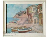 Painting, Nessebar, sea, boats, 1990