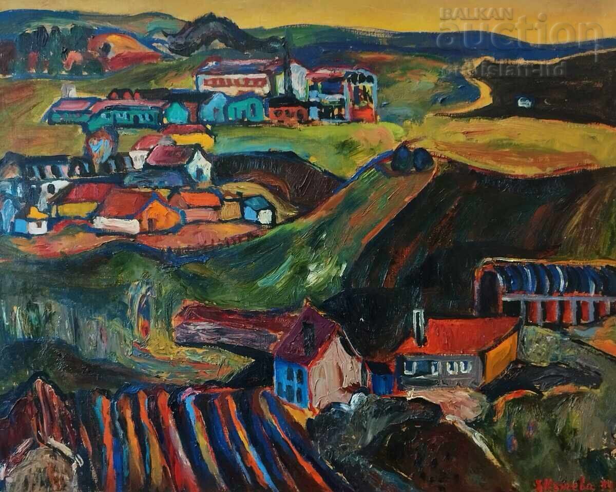 Πίνακας "Βιομηχανική Πανοραμική Άποψη", ζωγρ. Ντόρα Κάντσεβα (1926-2013) με τιμή 4750.00 BGN | € 2428.64