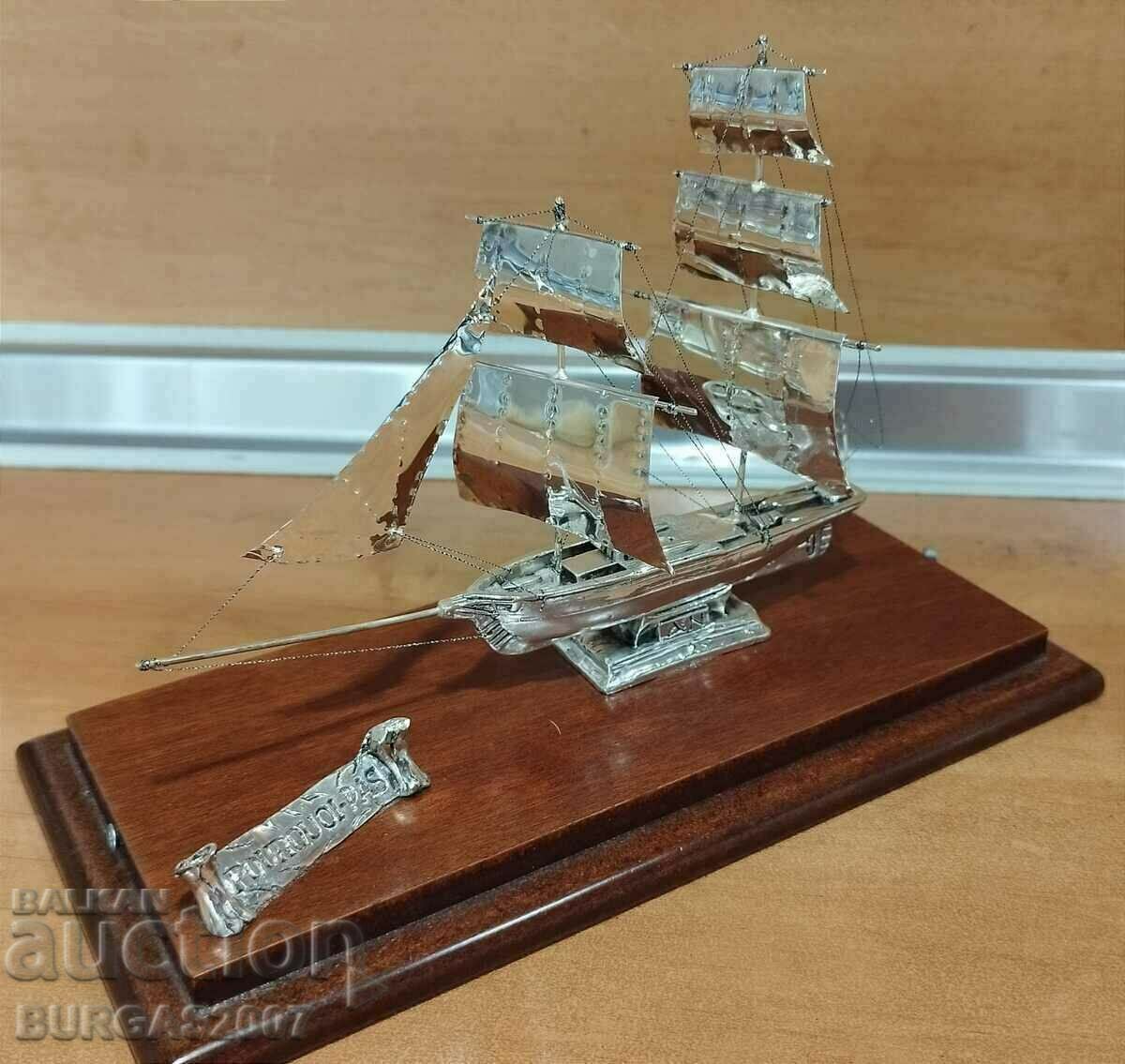 Old silver ship, sailing vessel, marked 950 - 5 Old silver ship, sailing vessel, marked 950 - 5