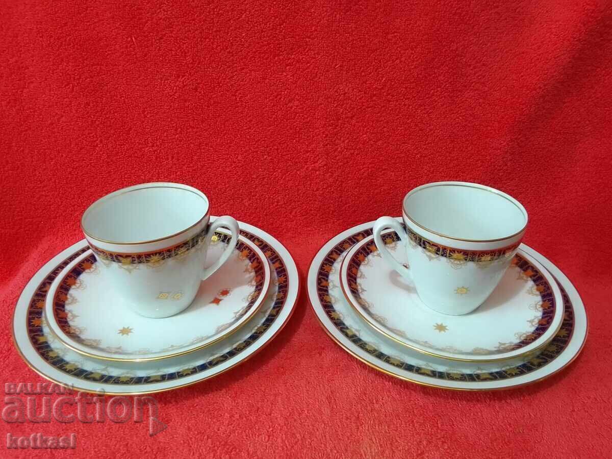 Λοτ τριπλό σετ JLMENAU Germany - 2 φλιτζάνια, 4 πιάτα Κοβαλτίου επιχρυσωμένα με τιμή 51.00 BGN | € 26.08