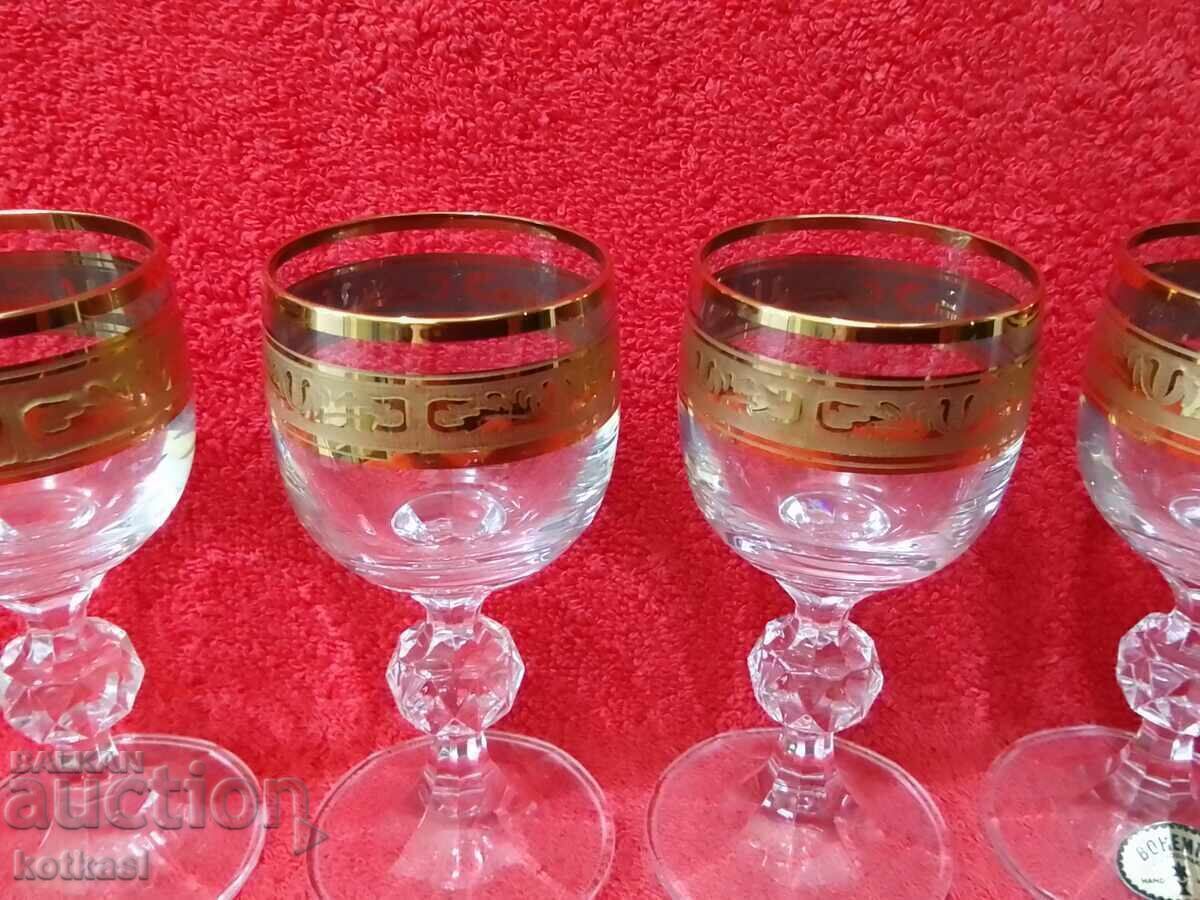 Auction  Old 6 Crystal Glasses BOHEMIA Claudia 50 ml Gold Plated