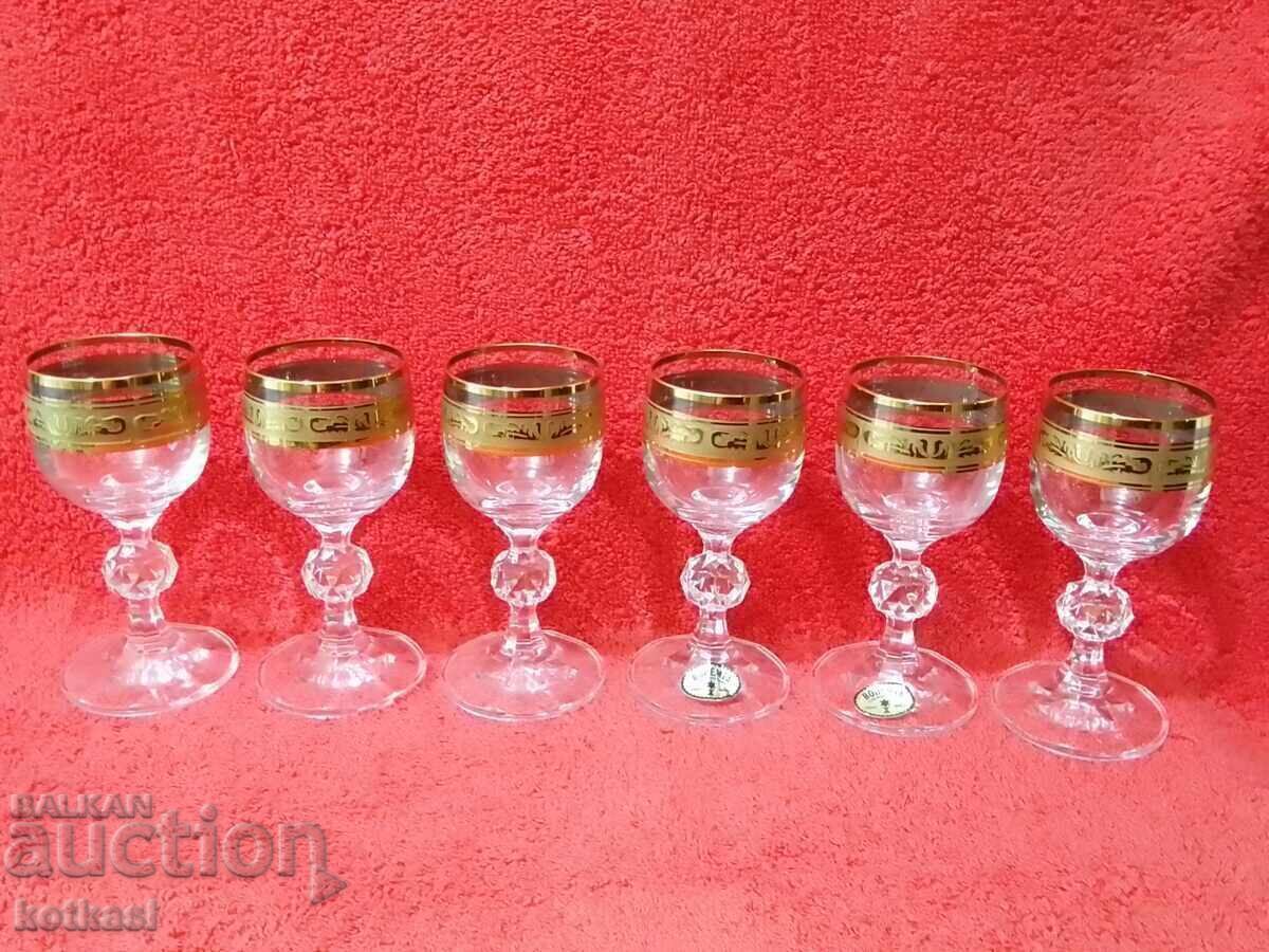 Old 6 Crystal Glasses BOHEMIA Claudia 50 ml Gold Plated