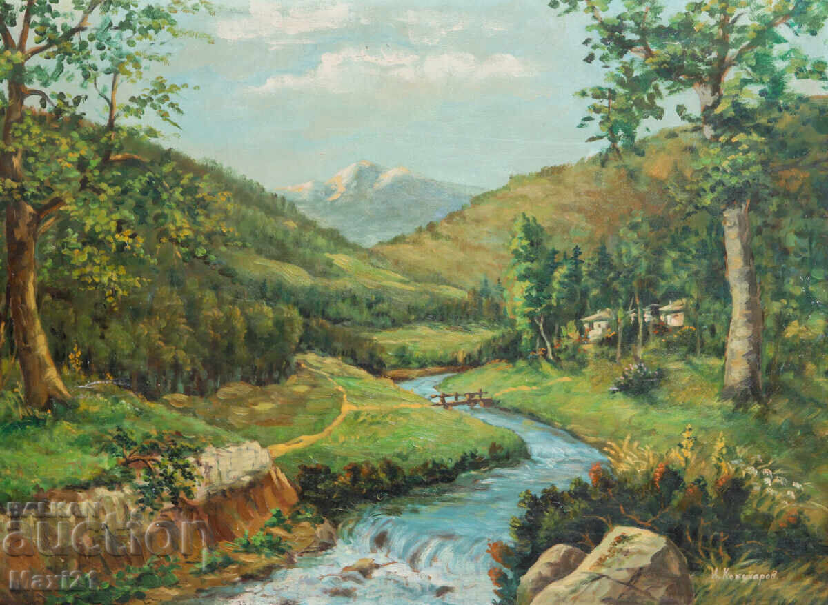 Ορεινό τοπίο κοιλάδας με ποτάμι, πίνακας, ελαιογραφία με τιμή 250.00 BGN | € 127.82