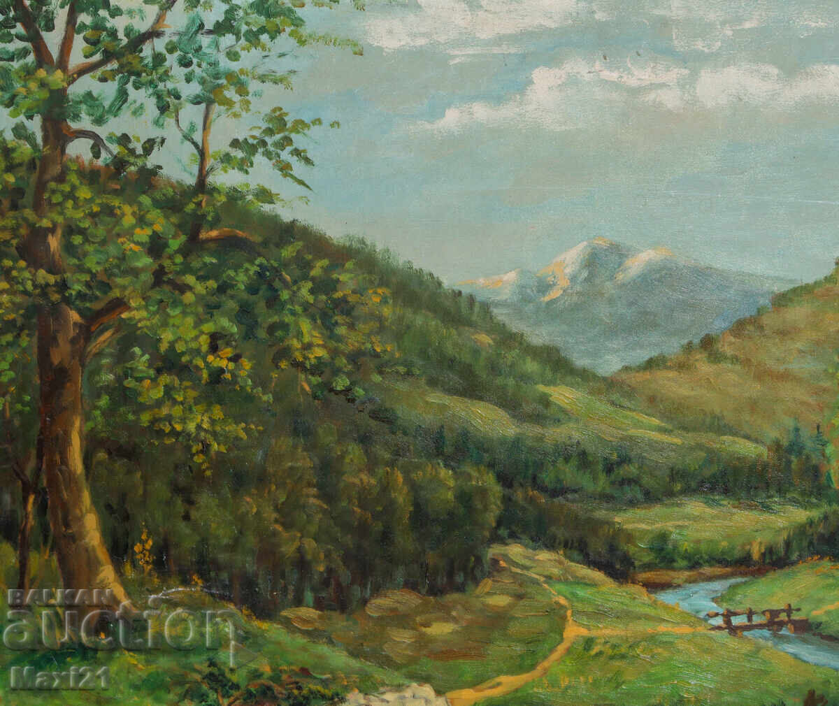 Δημοπρασία Ορεινό τοπίο κοιλάδας με ποτάμι, πίνακας, ελαιογραφία